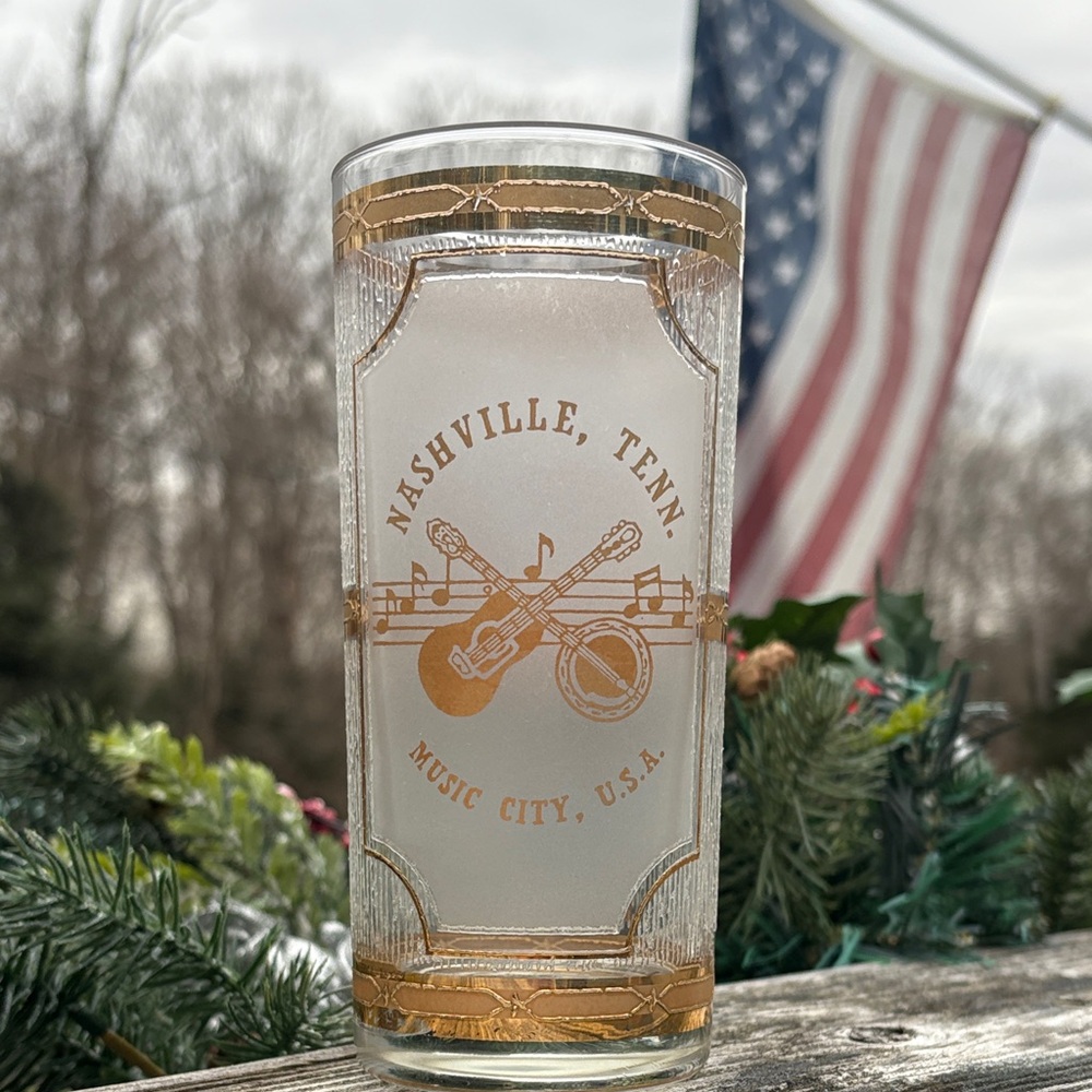 Nashville Music City Frosted Gold Embellished Glass Tumbler Vintage